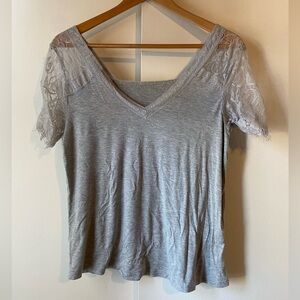 Pretty Deep V Neck Lace Grey Soft Light Flowey T Shirt Size Small Boho Sexy